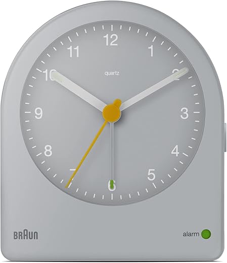 Braun Classic Analogue Alarm Clock with Snooze and Continuous Backlight, Quiet Quartz Movement, Crescendo Beep Alarm in Grey, Model BC22G