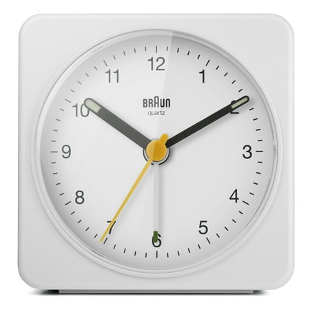 Braun Classic Analogue Alarm Clock with Snooze and Light, Quiet Quartz Sweeping Movement, Crescendo Beep Alarm in White, model BC03W.