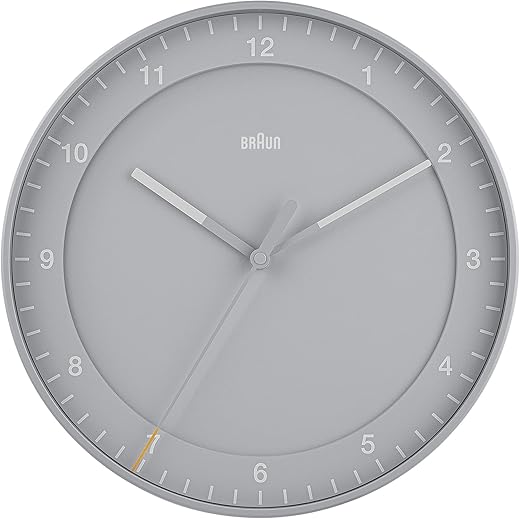 Braun Classic Large Analogue Wall Clock with Silent Sweep Movement, Easy to Read, 30cm Diameter in Grey, Model BC17G.