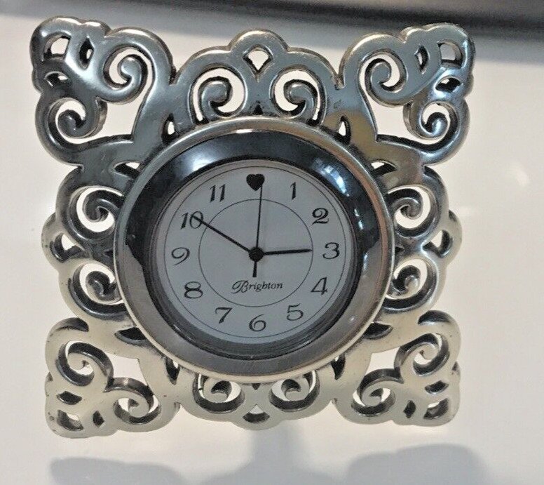 Brighton Desk Clock Silver Tone Scrolled Case Square
