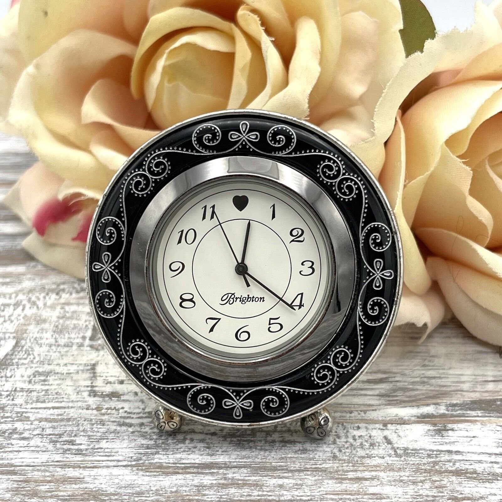 BRIGHTON MINI ROUND DESK CLOCK SCROLL ETCHED BLACK & SILVER NEW BATTERY RUNNING