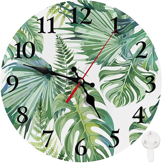 Britimes Round Wall Clock Silent Non-Ticking Battery Operated Clock 10 Inch, Tropical Tree Palm Leaf Plant Home Decor for Living Room, Bathroom, Bedroom, Kitchen, Office and School