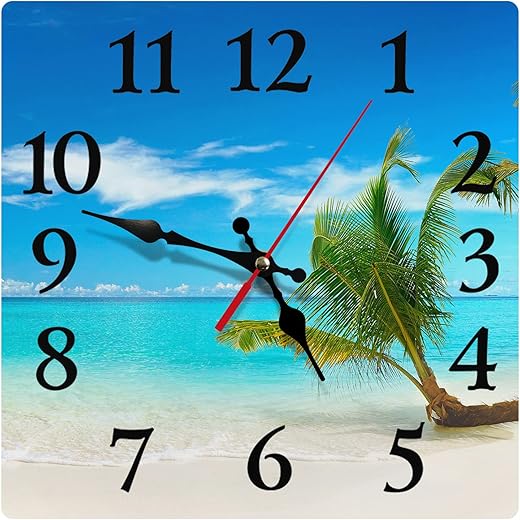 Britimes Wall Clock, Square Silent Non-Ticking Battery Operated Clock 12 Inch, Turquoise Ocean Blue Beach Sand Home Decor for Living Room, Bathroom, Bedroom, Kitchen, Office and School