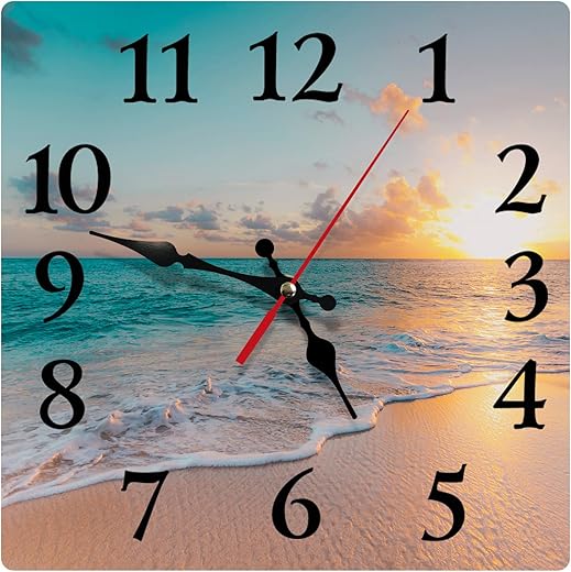 Britimes Wall Clock, Square Silent Non-Ticking Battery Operated Clock 12 Inch, Sea Beach Blue Sky Sand Home Decor for Living Room, Bathroom, Bedroom, Kitchen, Office and School