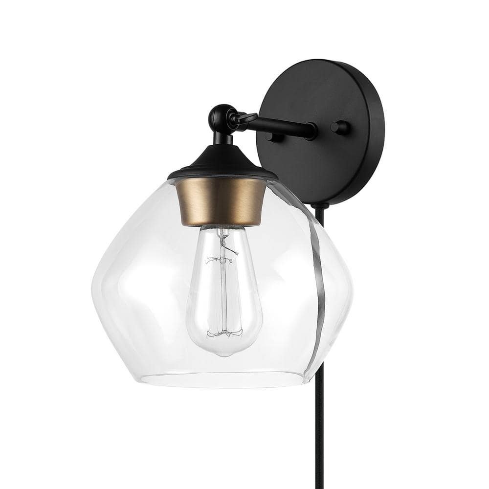 Brown 1-Light Matte Black and Gold Plug-In or Hardwire Wall Sconce with...