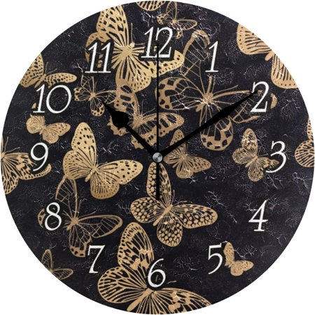 Brown Golden Flying Butterflies Luxury Gold Foil Butterfly On Black Wall Clock, Silent Non-Ticking Easy To Read Round Decorative Wall Clock With Black Hands For Home Office School 9.5 In Diameter