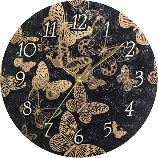 Brown Golden Flying Butterflies Luxury Gold Foil Butterfly on Black Wall Clock, Silent Non-Ticking Easy to Read Round Decorative Wall Clock with Gold Hands for Home Office School 9.5" in Diameter