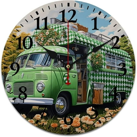 Buffalo Check Clover Truck Clock St Creative Decorative Clock Battery Operated Living Room Kitchen Bedroom Arabic Numbers 12 Inch Round Happy St. Patrick'S Day Irish Pub Wall Clocks