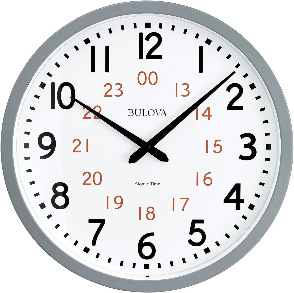 Bulova Atomic Analog Wall Clock Model C5003 Atomic Time 1, Sets Automatically, Quartz Battery Gray