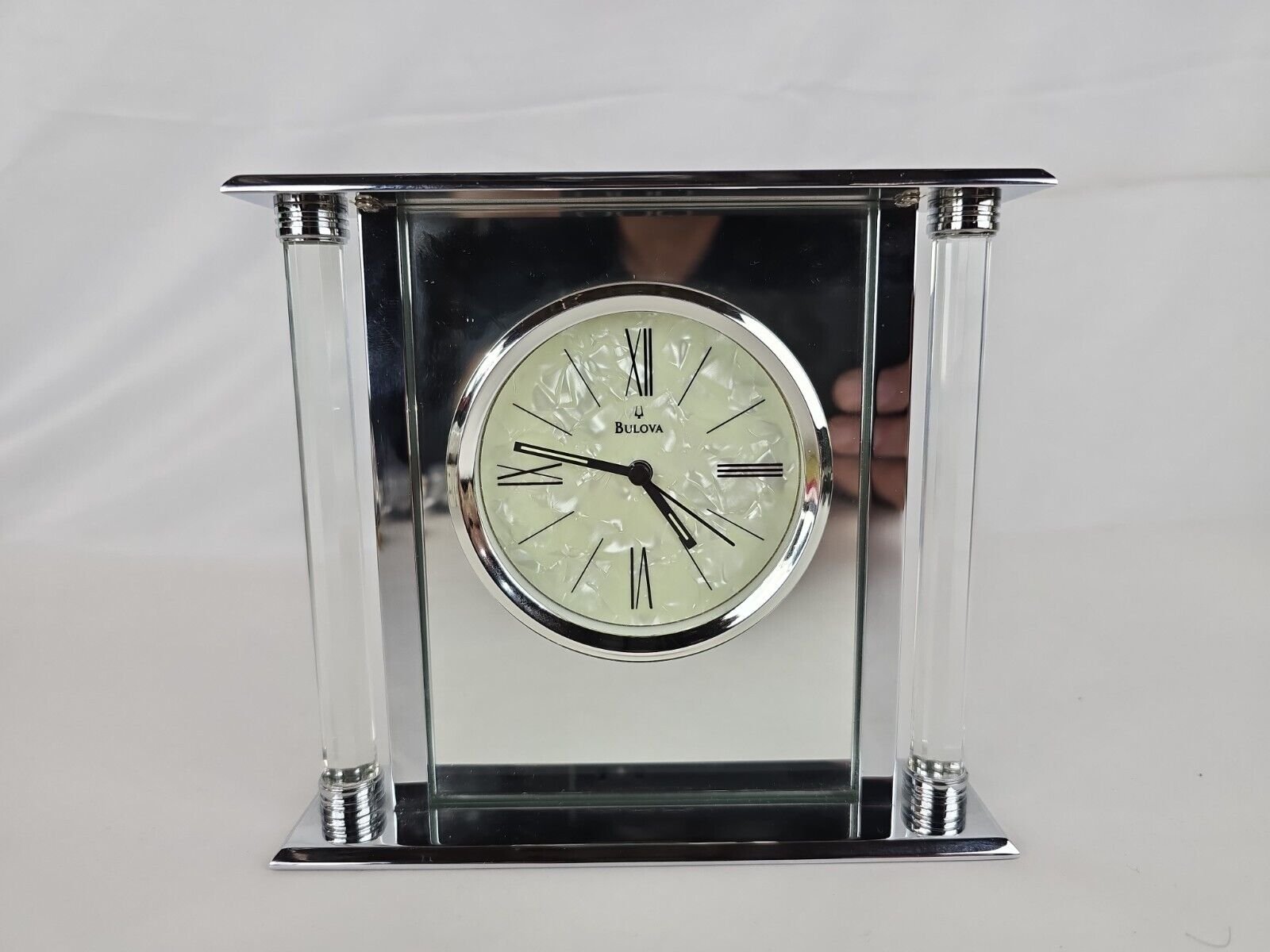 Bulova B2454 Pearl Face Quartz Clock Mirror Polished Silver Finish