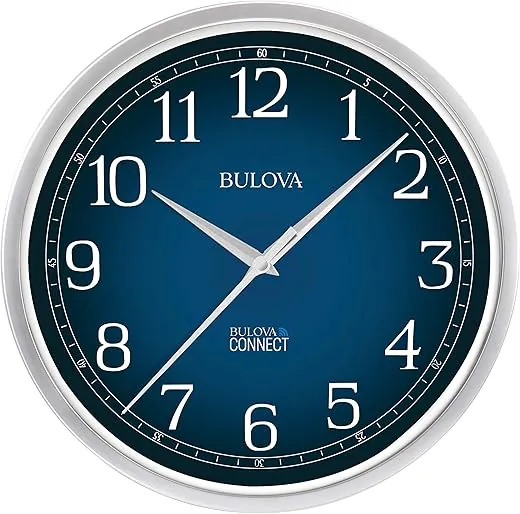 Bulova Clocks Bulova Precise Connect Wall Clock C5001, 12.5", Matte Silver and Blue