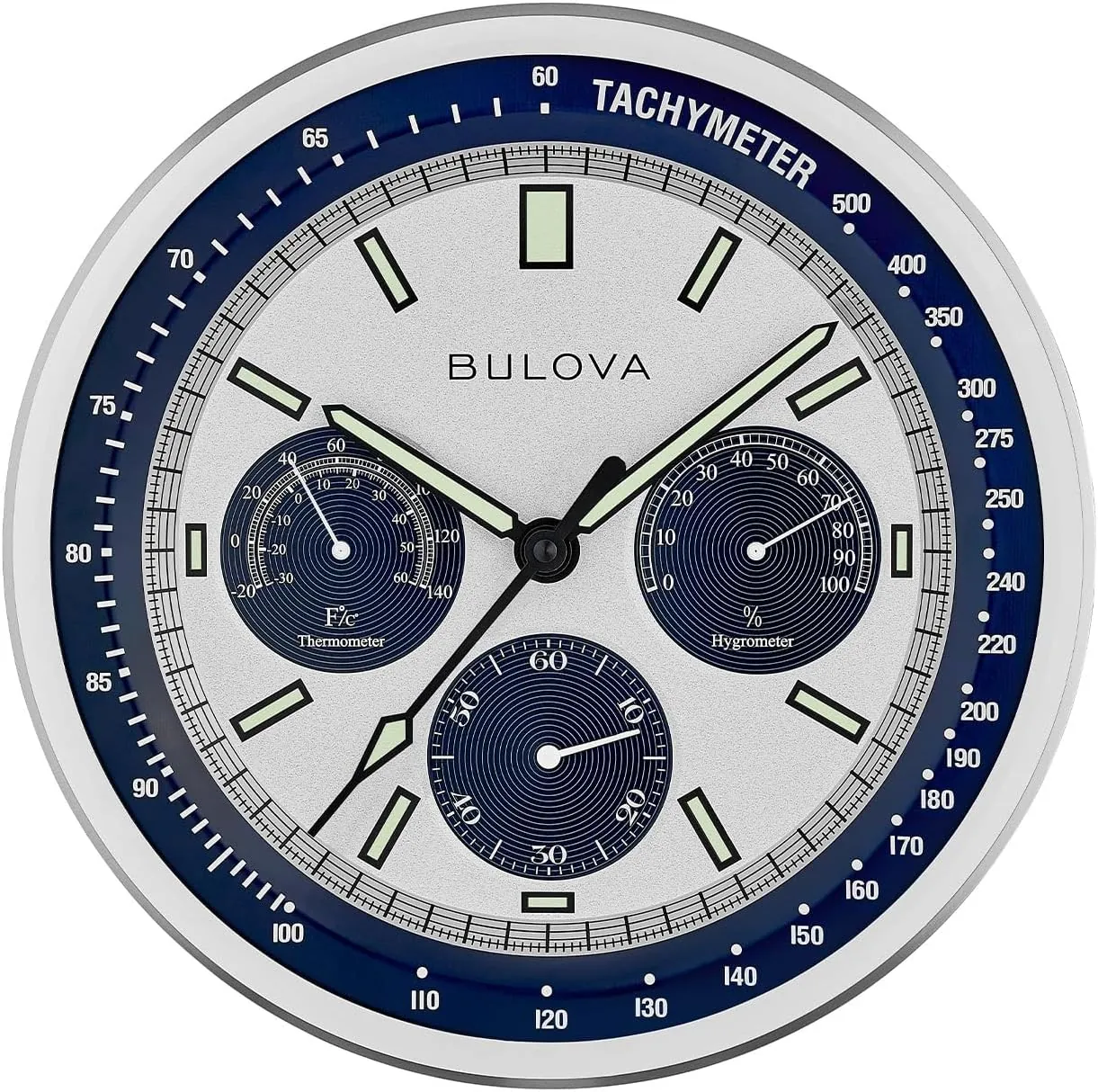 Bulova Lunar Pilot Wall Clock C1971 | Matte Silver Finish |Temperature & Hygrometer Display | Silent Sweep Quartz Movement | 13.75-Inch