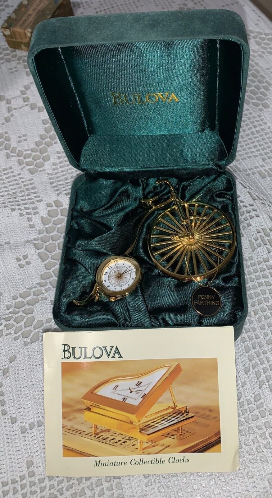 BULOVA MINIATURE Penny Farthing BRASS BICYCLE CLOCK Mint In Box Tag & Seal B0513