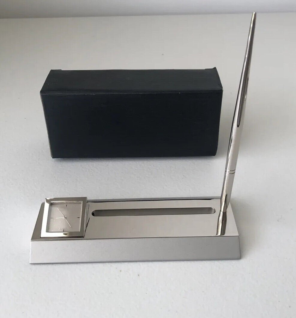 Business Card Holder Clock And Pen Set StainlessSteel Silver Tone NEW In Box