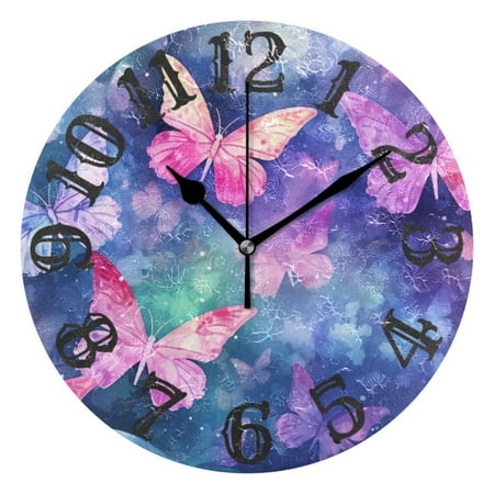 Butterflies Purple 10 inch Wall Clocks Non Ticking Easy to Read Battery Decorative for Home Bathroom Kitchen Bedroom Living Room