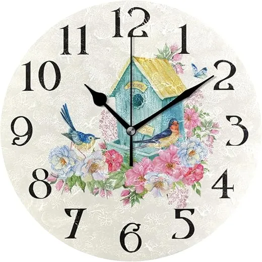 Butterfly Clocks Bird House Wall Clock Birds Clock for Bathroom Garden Clocks Battery Operated Kitchen Clocks Wall Decorative 9.5 in Non Ticking Round Quartz Analog Clock