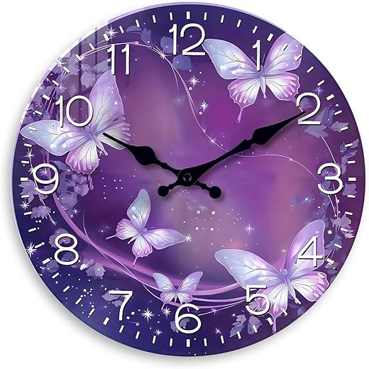 Butterfly Wall Clocks for Living Room - Purple Wall Clock for Women - 14 Inch Glass Analog Wall Clock for Bedroom Kitchen Office