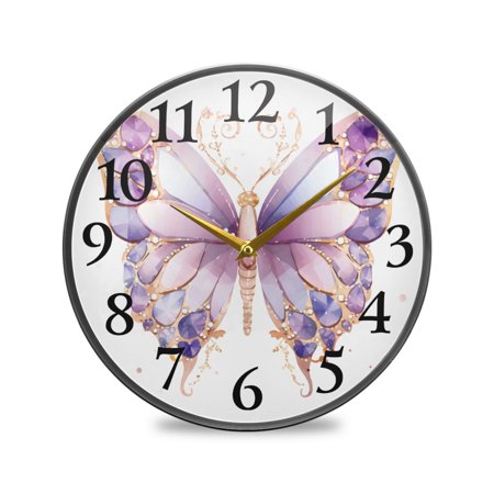 Butterfly with Purple Wall Clocks Battery Operated 9.5 Inch Round Clock Acrylic Silent Non-Ticking Bedroom Living Room Decorative Clocks