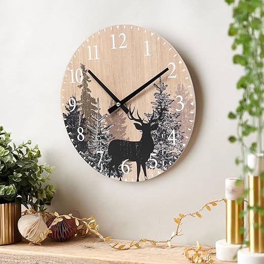 Cabin Deer Wall Clock 12 Inch Silent Non Ticking Clock Wooden Forest Wildlife Mountain Lodge Wall Clock Battery Operated Rustic Farmhouse Wall Clock