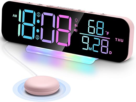 Cadmos Cute Loud Vibrating Alarm Clock for Heavy Sleepers Adult with Bed Shaker,Large Rainbow Digital Clocks with RGB Night Light,Kawaii Gifts for Kids,Girls,Teens Bedroom Decor(Pink)