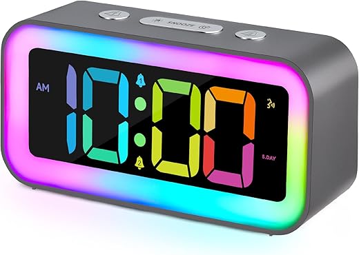 Cadmos Loud Alarm Clock for Bedrooms with Dynamic RGB Night Light,Heavy Sleepers Adults,Dual Alarm,Dimmer,USB Charger,Small Bedside Digital Clock with Led Display for Kids,Teens (Silver Gray)