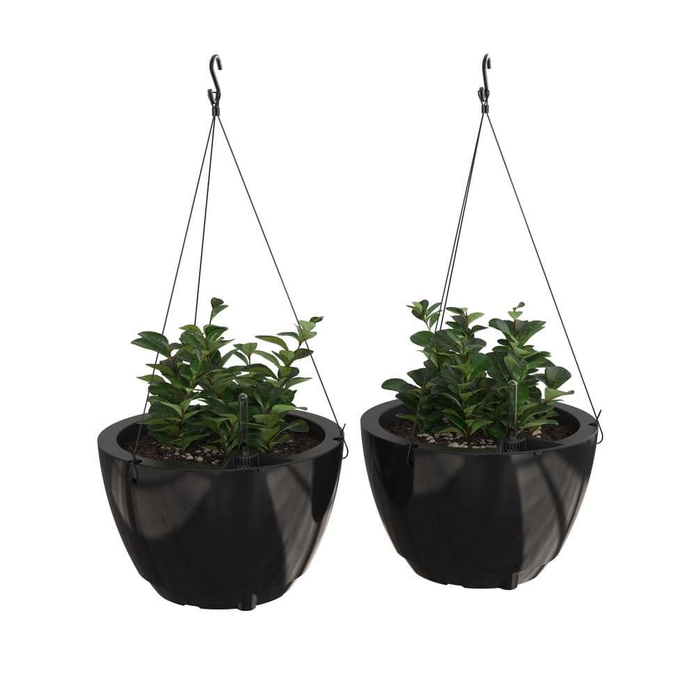 Caprio 14 in. Dia Black Resin Self Watering Hanging Planter (2-Pack)