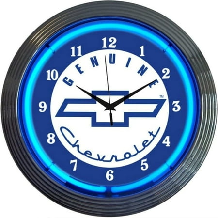 Cars and Motorcycles Genuine Chevrolet Neon Wall Clock 15-Inch Blue Chevy, Chrome rim with a single ring of blue neon