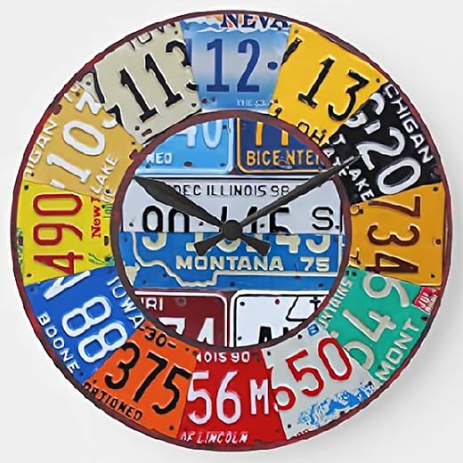 Car Tag Art Wall Clock License Plate Vintage Number Clocks Wall Decor 12 Inch Battery Operated Large Decorative Wall Clock Silent Round Wood Wall Clock Hanging Clocks for Living Room Clock