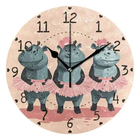 Cartoon Dancing Hippo Round Wall Clock Silent Battery Operated Home Decor for Living Room Bedroom