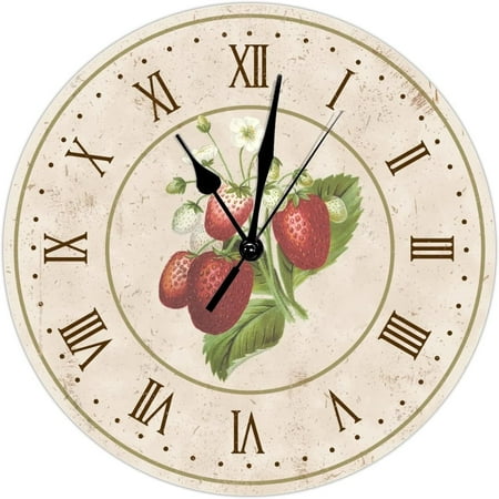 Cartoon Strawberry Wall Clock Rustic French Kitchen Clock Fruit Round Decorative Clocks Battery Operated 12 Inch Silent Non-Ticking Shabby Chic Wall Decor Home Decor For Living Room Bedroom Office