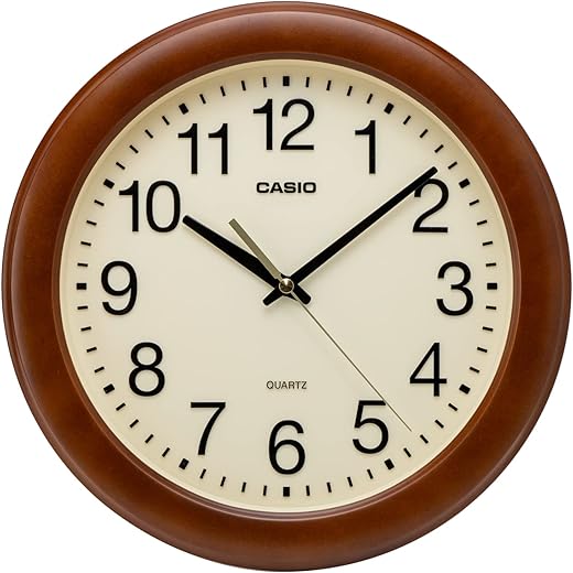 CASIO IQ-136-5JF Brown Analog Wood Grain Wall Clock, 11.6 inches (29.5 cm), Silent, Continuous Second Hand