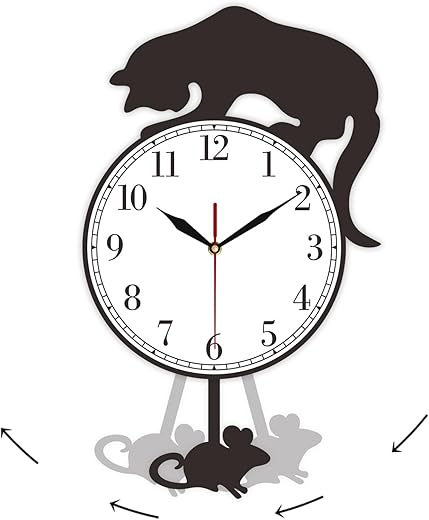 Cat and Mouse Wall Clock with Pendulum, Silent Non Ticking Battery Operated Easy to Read Cat Swinging Pendulum Wall Clock, Creative Decorative DIY Cat Wall Clock for Living Room Bedroom