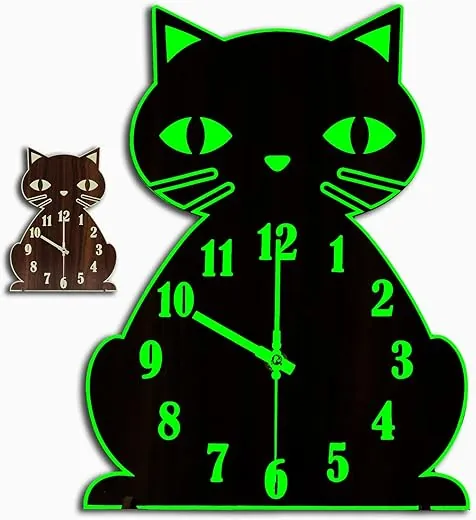 Cat Clock Glow in The Dark - Night Light Silent Non-Ticking Wooden Cute Wall Clocks for Bedroom Kitchen Classroom Decor,Funny Gifts,Vintage Brown