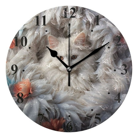 Cat Flowers White Black 10 inch Wall Clocks Non Ticking Easy to Read Battery Decorative for Home Bathroom Kitchen Bedroom Living Room