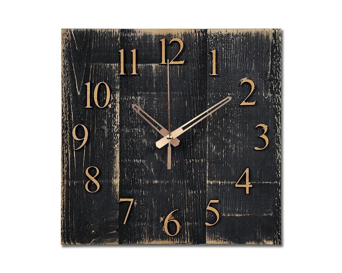 Cedar Clock, Square Distressed Black Painted Wall/Mantel Clock. Raised Numbers
