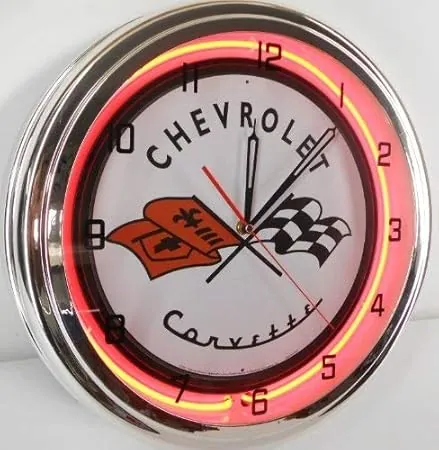 Chevy Corvette Flags 15" Neon Lighted Wall Clock Sign Orange