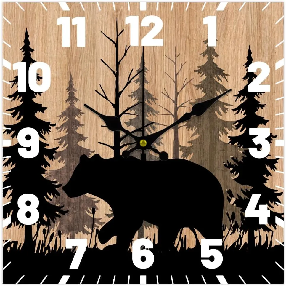 CHGCRAFT 12inch Bear Wooden Wall Clock Silent Non-Ticking Clock Wooden Forest Wildlife Wall Clock Battery Operated Rustic Farmhouse Wall Clock for Home Decor Living Room Kitchen Office