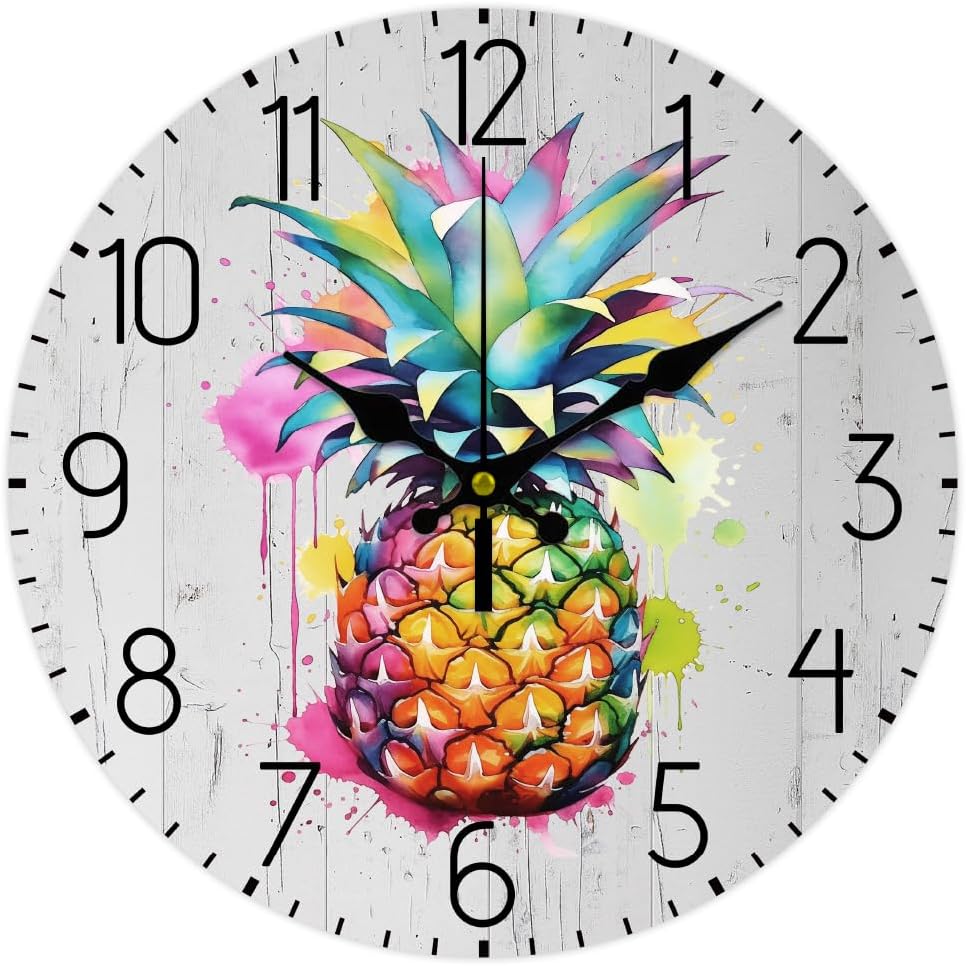 CHGCRAFT 12inch Pineapple Wall Clock Round Wooden Wall Clock Silent Non Ticking Clock Battery Operated Rustic Farmhouse Clock for Living Room Bedroom Bathroom Kitchen Office Decor