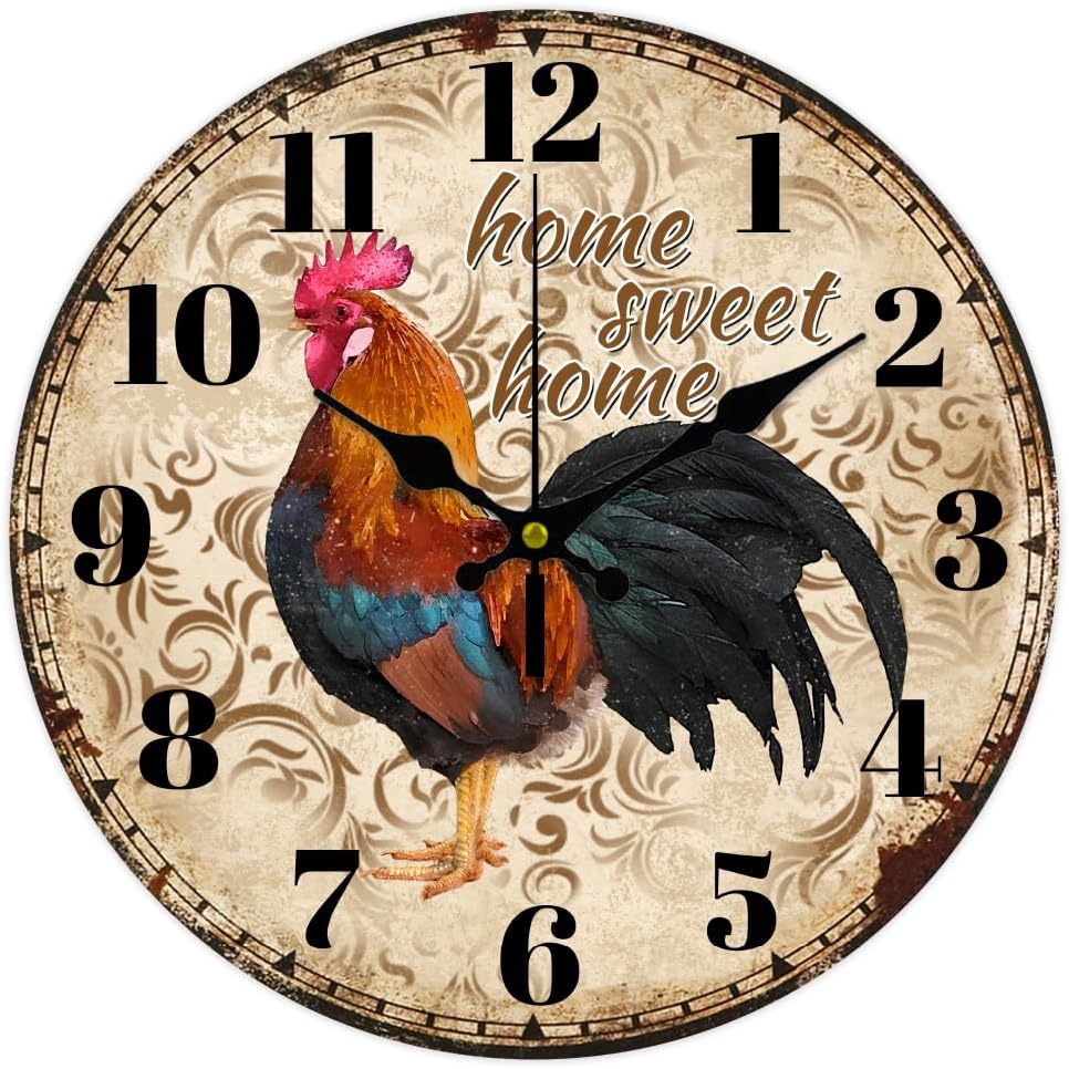 CHGCRAFT 12inch Rooster Vintage Wall Clock Silent Wooden Wall Clock Round Digital Wall Clock Battery Operated Clock for Home Decor Living Room Kitchen Office