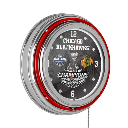 Chicago Blackhawks 2015 Stanley Cup Champs Retro Neon Analog Wall Clock with Pull Chain