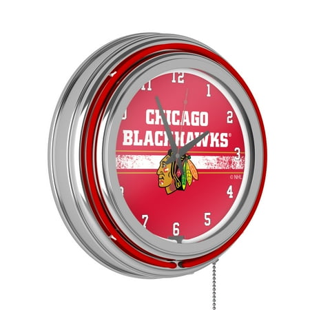 Chicago Blackhawks Logo Retro Neon Analog Wall Clock with Pull Chain