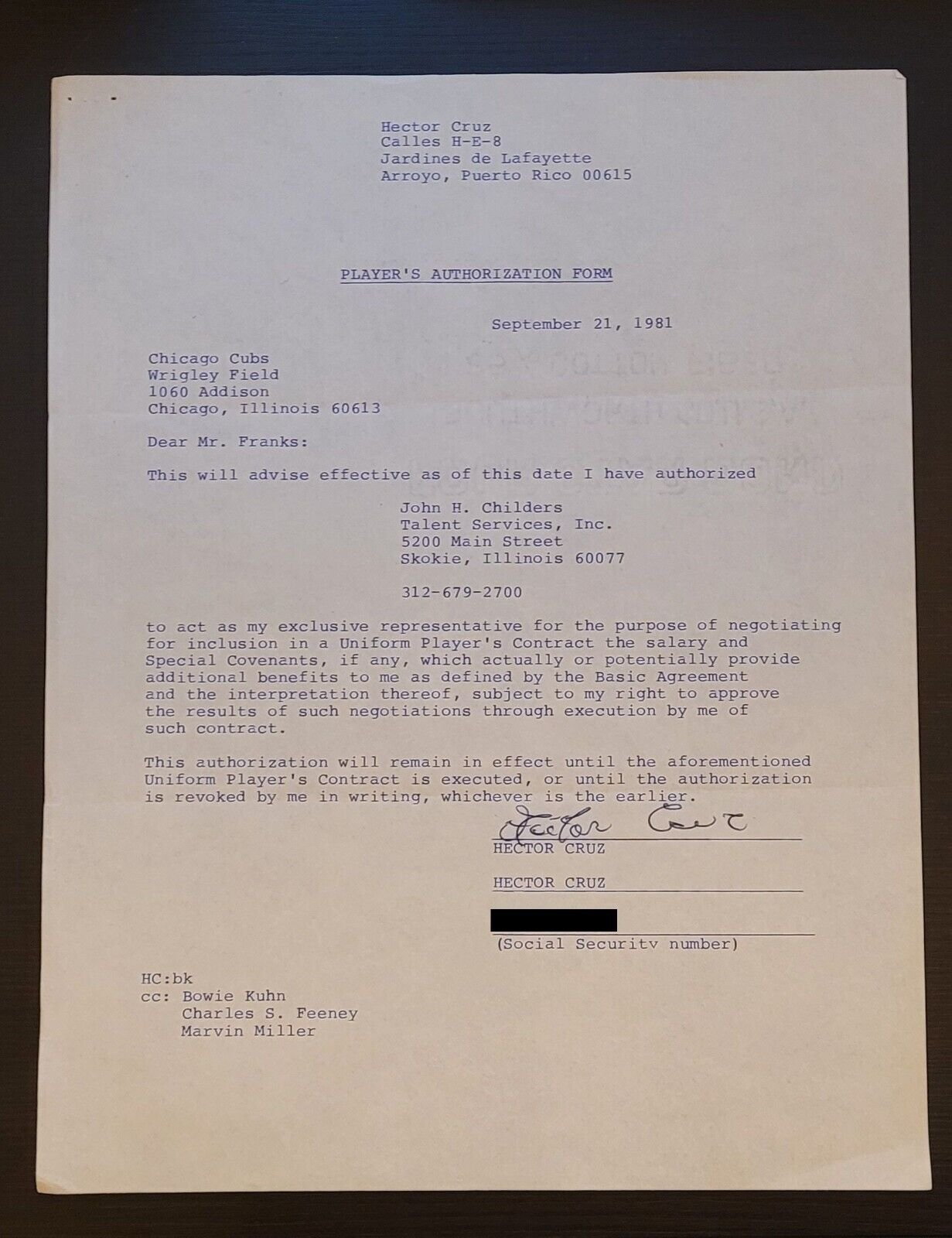 CHICAGO CUBS HECTOR CRUZ PLAYER AUTHORIZATION FORM 1981 PUERTO RICO AWESOME