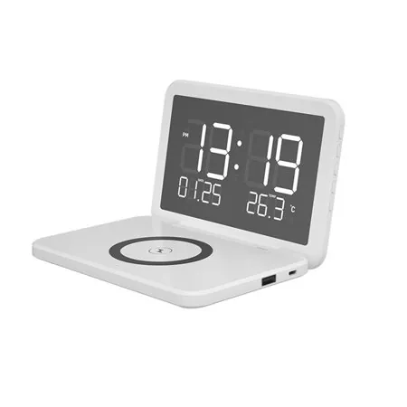 Chicmine Portable Mobile Phone Wireless Charger Digital Calendar Clock Alarm Clock Can Display Temperature, Multi-Function LED Makeup Mirror Adjustable Brightness