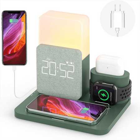 CHICOQUE Wireless Charging Station with Alarm Clock Night Light, Charging Dock for iPhone 12/13/14/15 Series for AirPods/Watch