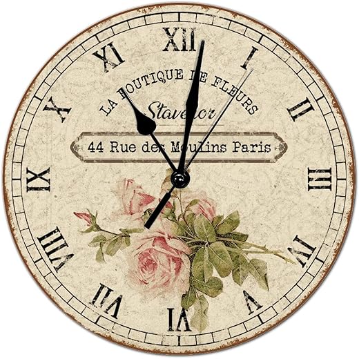 Chic Style 15x15in Modern Round Wood Wall Clock Roman Numerals Wooden Clock Battery Operated Silent Non-Ticking French Vintage Flower Wall Clock for Kitchen Living Room Bedroom Cottage Decor