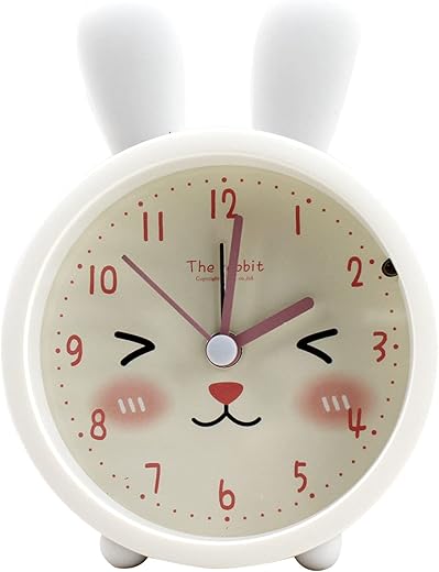 Children Cute Animal Dog/Cat Alarm Clock Silent Non Ticking Silicone Clock Night Light Travel Clock (A- White Rabbit)