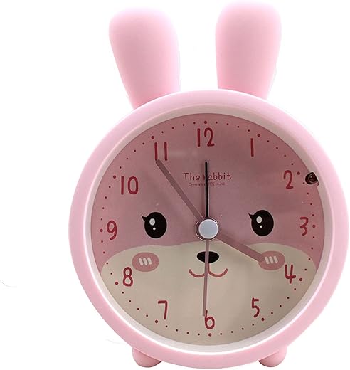 Children Cute Animal Dog/Cat Alarm Clock Silent Non Ticking Silicone Clock Night Light Travel Clock (A-Pink Rabbit)