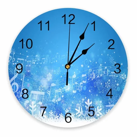 Christmas Music Blue Winter White Snowflakes rative Round Wall Clock Custom Design Non Ticking Silent Room Large Wall Clock