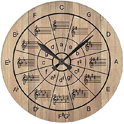 Circle of Fifths Wall Clock Brown Color Wood Clock 10 Silent Non-Ticking Quartz Battery Operated Clock Art for Vintage Farmhouse Living Room Bedroom Office Kitchen Birthday Wedding Gift