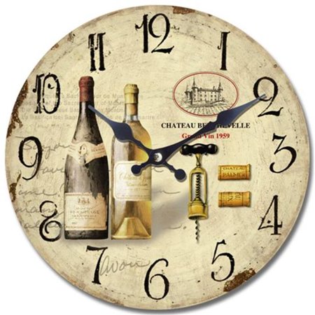 Circular Wooden Wall Clock with Two Bottles of Wine Print